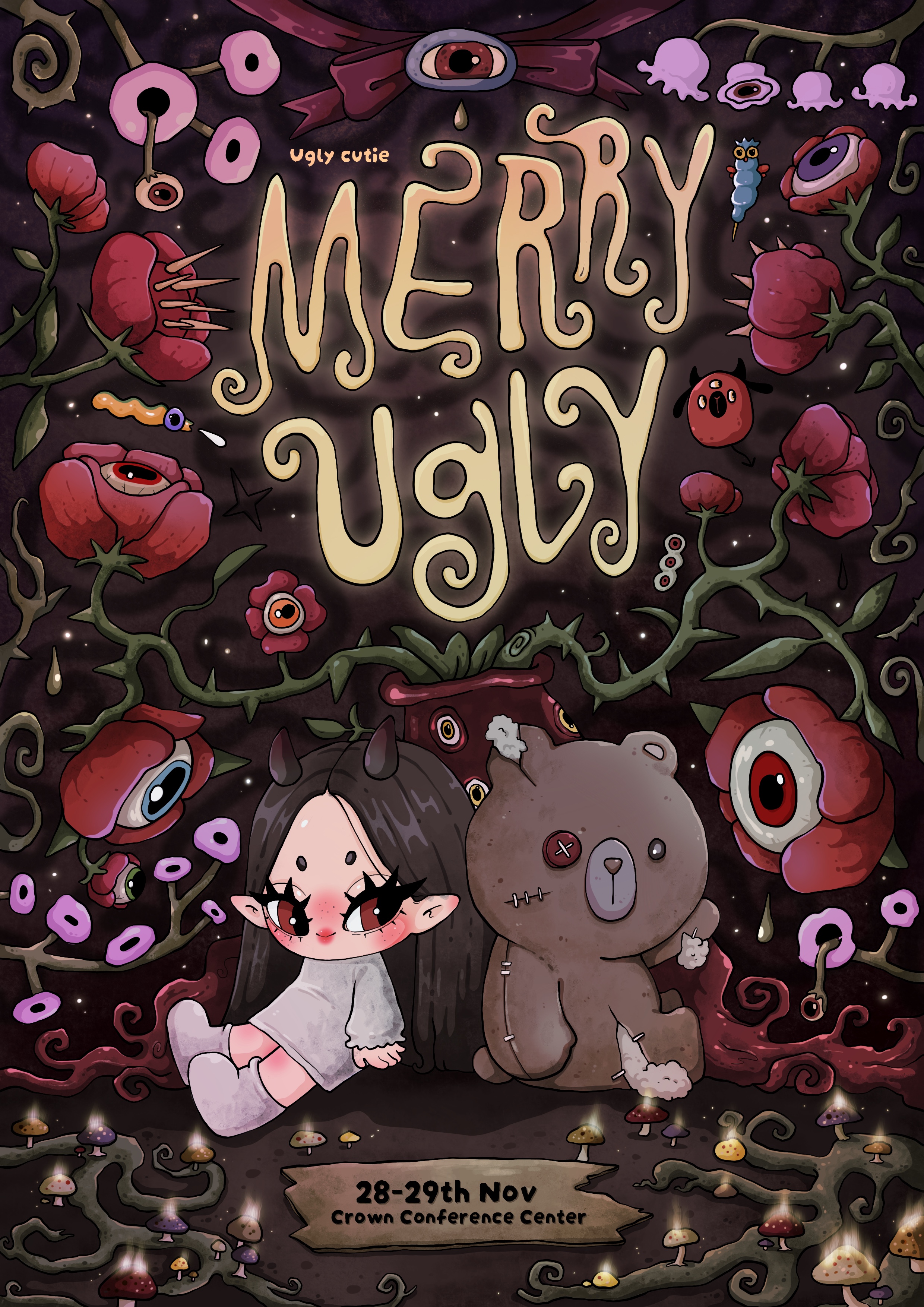 Merry Ugly market poster featuring a girl and her curious bear companion